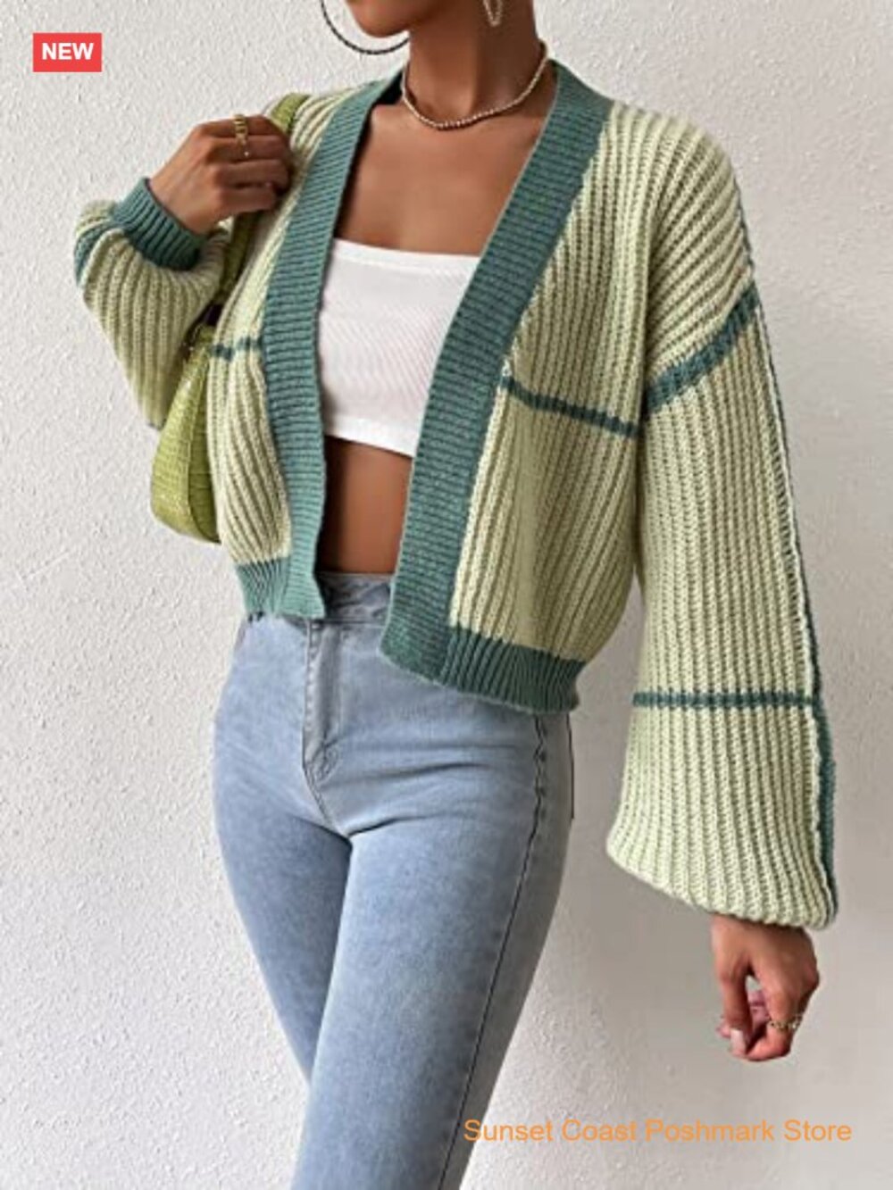 Color Block Crop Cardigan Top Bishop Long Sleeve Open Front Sweater - Picture 6 of 7